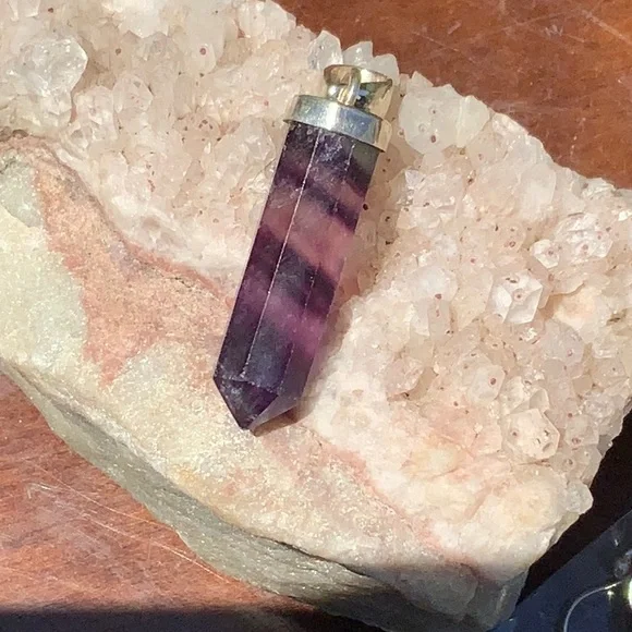 MULTI COLOR RAINBOW FLUORITE 925 STERLING SILVER POINT PENDANT - Picture 3 of 5